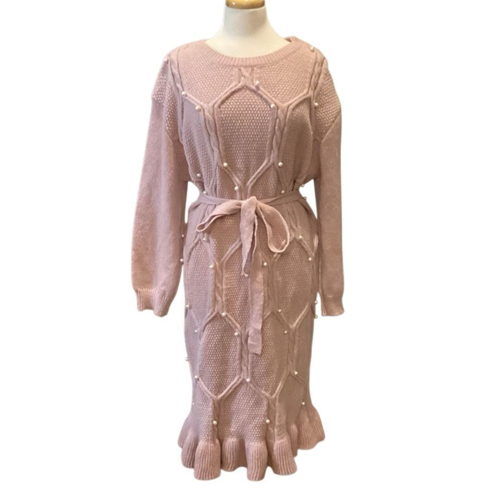SHEIN Clasi Plus Size Pearl Flounce Hem Sweater Knit Dress Pink - Picture 6 of 12
